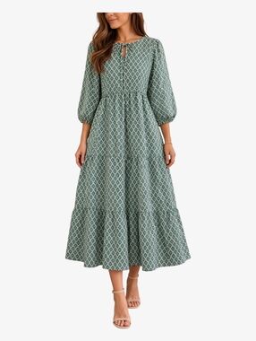 Silk & Salt Midi Dress Womens M Green Boho Tiered Peasant 3/4 Sleeve